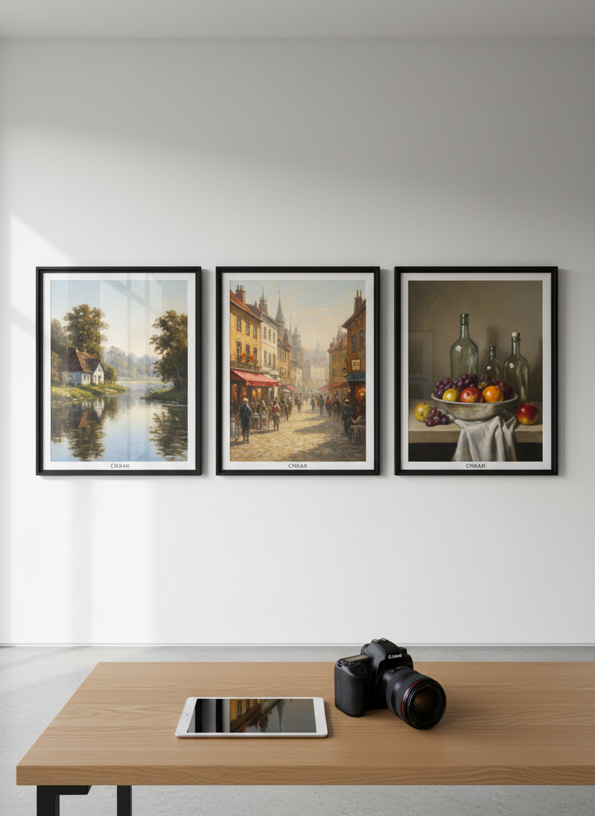 A sleek, gallery-style arrangement of several framed paintings by Oskar displayed along a matte white wall, each canvas showing a different realistic scene based on photographs: a sunlit city street, a tranquil lakeside cottage, and a detailed still life of glass and fruit. In the foreground, a high-quality DSLR camera and a tablet lie on a clean oak table, subtly suggesting the photo-to-painting process without showing any people. Soft, diffused daylight from an unseen window washes across the room, creating gentle reflections on the glass frames. Shot at eye level with sharp focus and a slightly wide angle, the atmosphere feels sophisticated, calm, and curated, in a clean photographic realism style suited for an artist’s portfolio homepage.