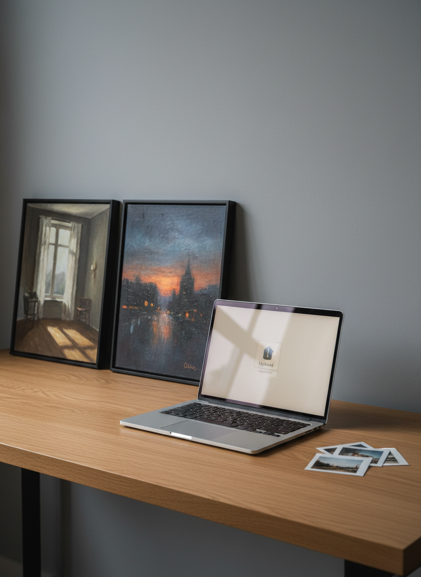 A refined workspace arranged for custom painting orders, featuring an elegant laptop open to a blank upload interface, but with no visible text, placed on a smooth oak desk. Beside it, several small printed photographs face-down and slightly fanned out, suggesting source images without revealing any content. On the other side, two medium-sized framed paintings by Oskar lean against a cool gray wall: one a realistic interior scene with light filtering through a window, the other an atmospheric cityscape at dusk. Soft overcast window light enters from the left, creating a calm, even illumination and faint reflections on the frames. Captured at a three-quarter angle with balanced composition, the mood is orderly, modern, and subtly luxurious, reinforcing the idea of bespoke, photo-based commissions.