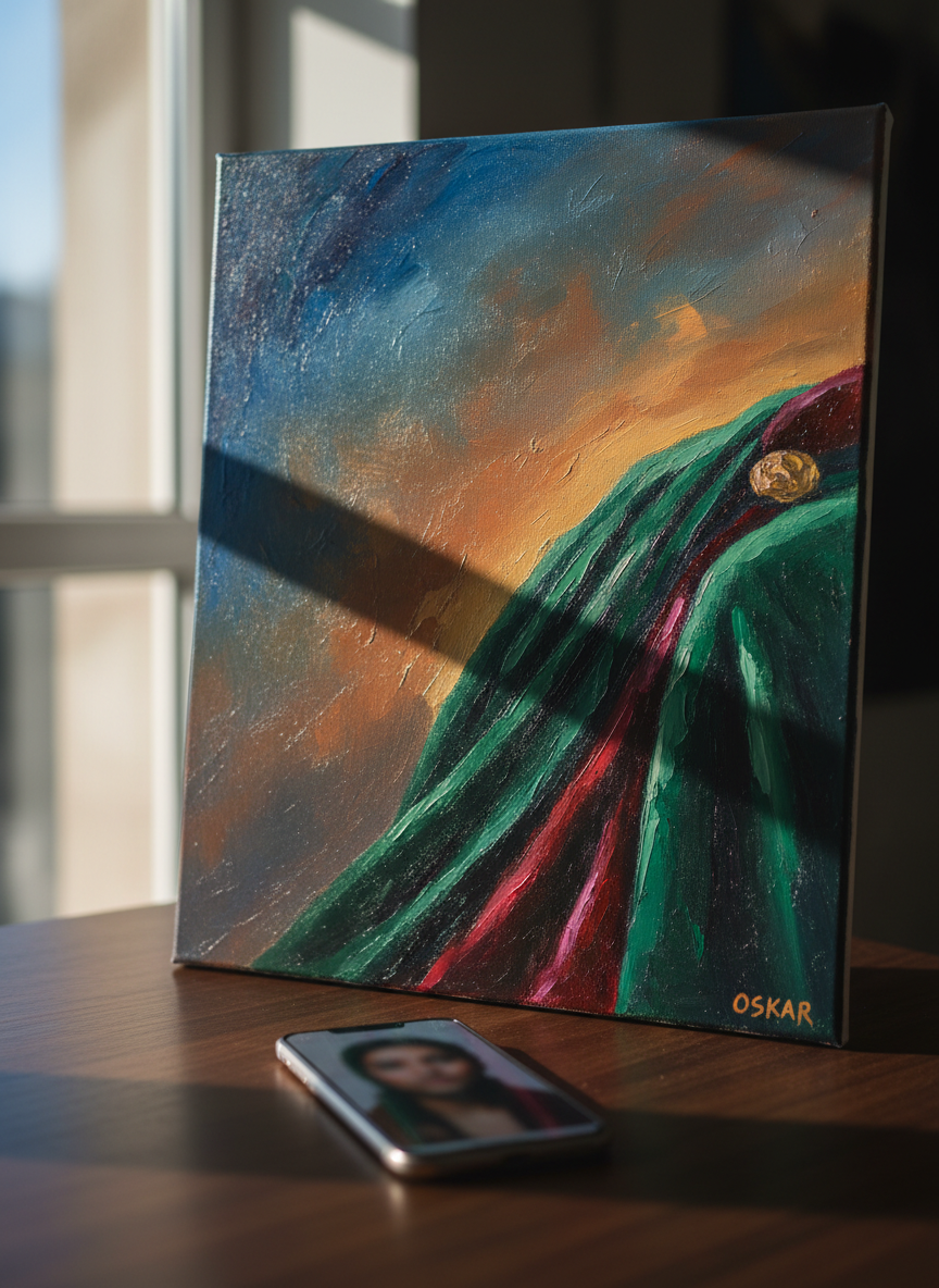 A close-up photographic view of a finished portrait-style painting by Oskar on a stretched canvas, carefully cropped so no people are visible, only the richly textured brushstrokes and nuanced color transitions in the background and clothing. Next to the canvas on a dark walnut desk lies a smartphone showing a blurred, unidentifiable reference photo on its screen, hinting at the custom-from-photo process. Side lighting from a nearby window creates a dramatic raking light across the paint surface, emphasizing depth and texture. Shot with a shallow depth of field, the edges fall into soft blur while the central painted area is crystal sharp. The atmosphere is intimate, sophisticated, and artistic, highlighting detail and quality.