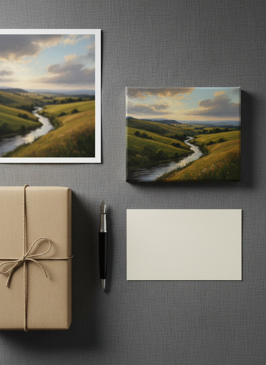 A sophisticated flat lay on a charcoal linen background showing the lifecycle of a custom painting order by Oskar: in one corner, a high-quality, slightly out-of-focus printed photograph; in the center, a finished small canvas painting interpreting that scene in rich, realistic color; and in another corner, a neatly wrapped package with plain kraft paper and natural twine, ready to ship. A simple fountain pen and a blank, unmarked card add a sense of personalized service without any text. Soft top-down studio lighting creates gentle, controlled shadows and a smooth gradient across the fabric. Photographed from directly above with sharp focus throughout, the composition feels deliberate, elegant, and minimal, visually telling the story of custom, made-to-order paintings.