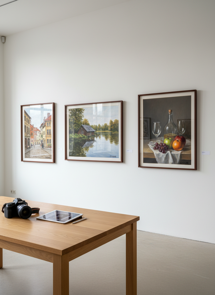 A sleek, gallery-style arrangement of several framed paintings by Oskar displayed along a matte white wall, each canvas showing a different realistic scene based on photographs: a sunlit city street, a tranquil lakeside cottage, and a detailed still life of glass and fruit. In the foreground, a high-quality DSLR camera and a tablet lie on a clean oak table, subtly suggesting the photo-to-painting process without showing any people. Soft, diffused daylight from an unseen window washes across the room, creating gentle reflections on the glass frames. Shot at eye level with sharp focus and a slightly wide angle, the atmosphere feels sophisticated, calm, and curated, in a clean photographic realism style suited for an artist’s portfolio homepage.