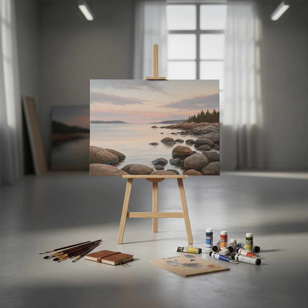 A single finished painting by Oskar resting on a minimalist wooden easel in a bright studio, depicting a hyper-realistic landscape derived from a photograph: a calm Scandinavian shoreline with smooth rocks, still water, and a pastel evening sky. Around the easel lie neatly arranged high-end brushes, tubes of paint, and a closed sketchbook on a light concrete floor. Soft studio lighting from above and to the side creates subtle highlights on the textured canvas and casts delicate shadows behind the easel. Photographed from a slightly elevated angle with moderate depth of field, the mood is serene, refined, and focused on craftsmanship, with a clean, modern aesthetic emphasizing the transformation from photo to painting without any human presence.